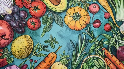 A closeup of a glossy cookbook cover adorned with handdrawn illustrations of fruits vegetables and herbs hinting at the colorful and creative recipes inside.. - obrazy, fototapety, plakaty