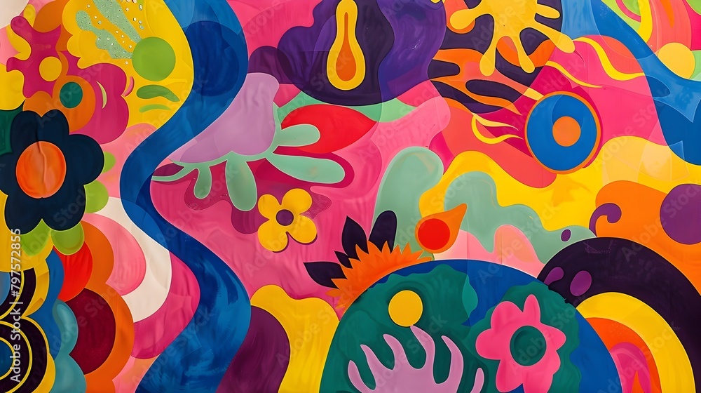 Poster vibrant retro psychedelic abstract backdrop with bold swirls and patterns for 1970s-themed