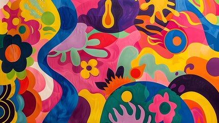 Vibrant Retro Psychedelic Abstract Backdrop with Bold Swirls and Patterns for 1970s-Themed