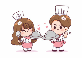 Cute chef boy and girl cartoon character in uniform restaurant logo vector illustration