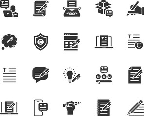 Vector set of copywriting flat icons. Contains icons text, write review, creative writing, online document, typewriter, storytelling and more. Pixel perfect.
