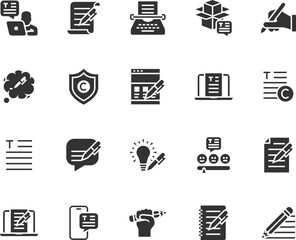Vector set of copywriting flat icons. Contains icons text, write review, creative writing, online document, typewriter, storytelling and more. Pixel perfect.