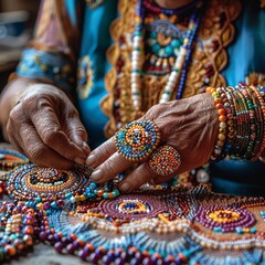 Close view of a woman handcrafting beaded bracelets, intricate details and concentration