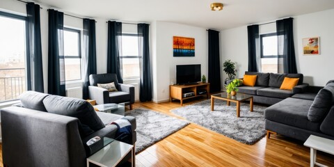 Fototapeta premium a living room interior with a couch, coffee table, and a window.