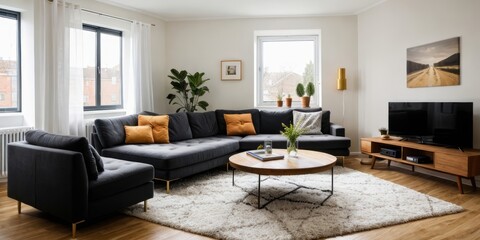 Fototapeta premium a living room interior with a couch, coffee table, and a window.