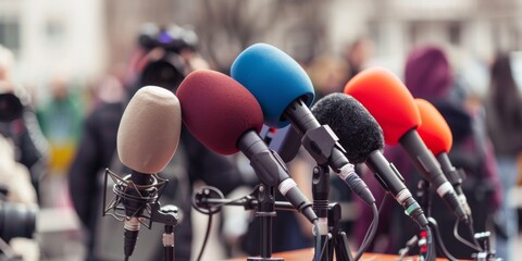 A podium set for a press briefing garnished with an assortment of broadcast microphones. - obrazy, fototapety, plakaty