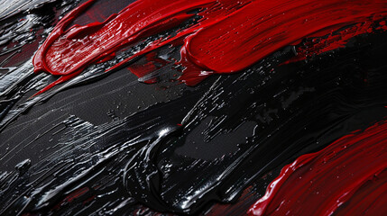 Glossy black and matte red in a shadow-play abstract oil painting.