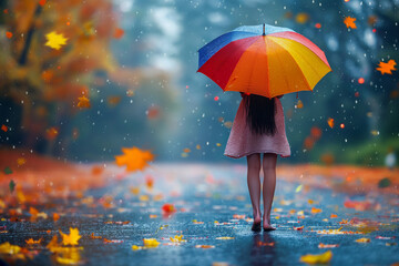 On a warm autumn day, a beautiful young girl with a bright multicolored umbrella walks in the park in the rain, briskly inhaling fresh air and enjoying nature - obrazy, fototapety, plakaty