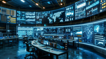 High-tech control room monitoring global data - obrazy, fototapety, plakaty