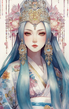 The Japanese goddess, 天照大神, くくり姫,  コノハナサクヤヒメ, illustration art, Generative AI