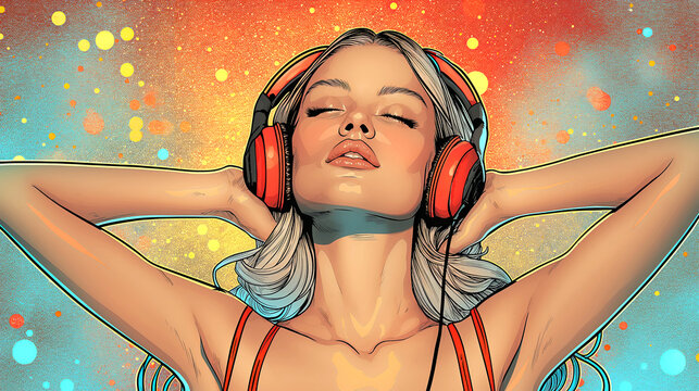Illustration of young woman listening to music with headphones in pop art style