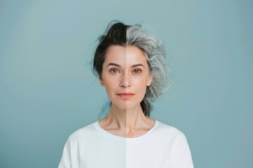Fototapeta premium Science behind youthful cosmetic enhancements reflects in skincare splits, integrating facial therapy for visual contrast in age.