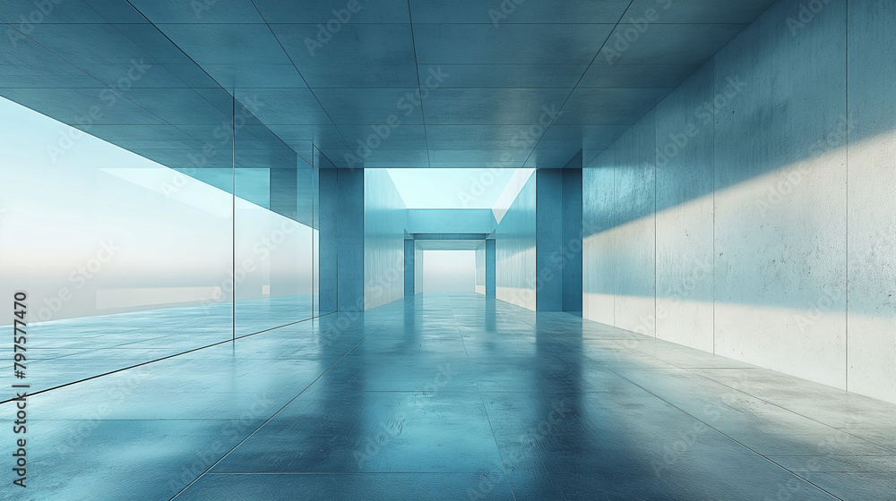 Poster render of abstract futuristic glass architecture with empty concrete floor.