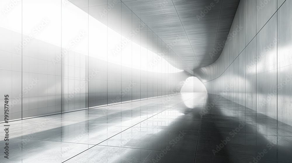 Poster render of abstract futuristic glass architecture with empty concrete floor.