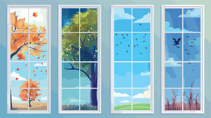 Set of different windows with a view on a tree