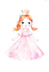 Nursery print banner card with a little princess in a pink dress in the style of a children's watercolor.