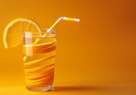 Summer vibe: stacked orange slices, straw on vibrant background. Fresh, creative, healthy diet concept. Organic tropical juice