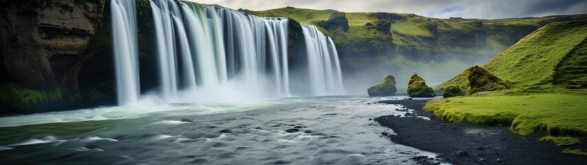 a waterfall with green hills and a rocky cliff