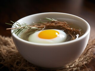 a bowl of food with a yolk in it - obrazy, fototapety, plakaty