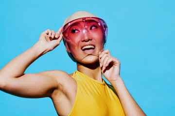 Trendy woman background hair smile beauty hat sunglasses amazed summer swimsuit fashion portrait...