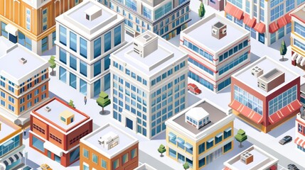 Isometric 3D city block with vibrant