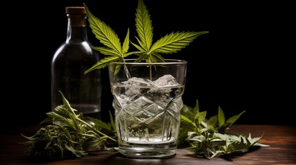 A stylish presentation of a glass with ice and cannabis leaves, suggesting a trendy herbal beverage