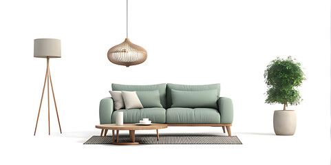 Modern living room interior with sofa isolated on white background. 3d rendering	