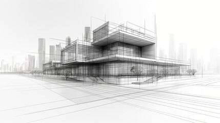 Imagination architecture building construction perspective design, abstract modern urban landscape line drawing.