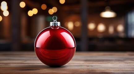 a red ornament on a wood surface