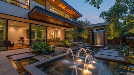 Fototapeta premium Luxury modern house yard with water feature fountain waterfall