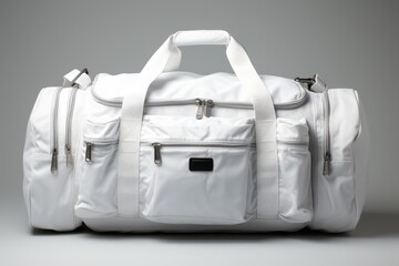 a portrait blank white duffel bag, meticulously styled and photographed against a crisp and seamless white background