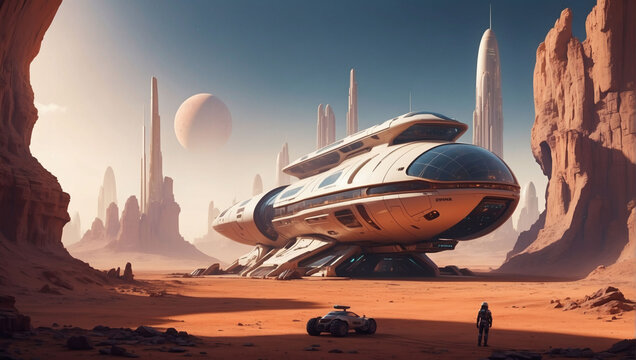 Retro-inspired spaceship docked at a futuristic city on Mars.