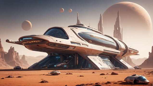Retro-inspired spaceship docked at a futuristic city on Mars.