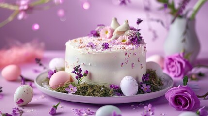 An Easter cake covered with white icing, decorated with quail eggs on a mossy background of solid purple color.