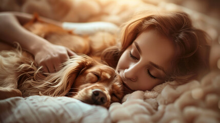 A serene moment of a woman and her dog napping together