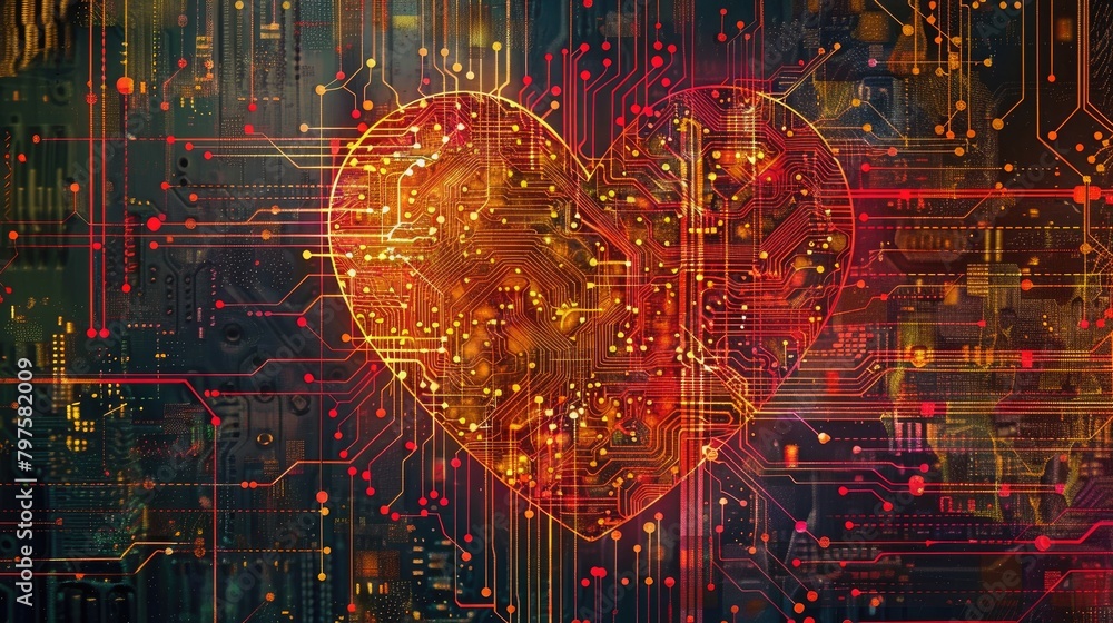 Aufkleber digital art of hearts made from digital circuit patterns