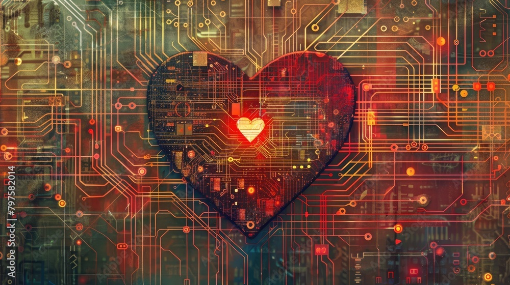 Poster digital art of hearts made from digital circuit patterns