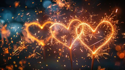 Hearts made of fireworks in a night sky