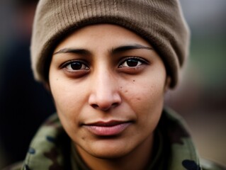 a woman wearing a beanie and camouflage jacket