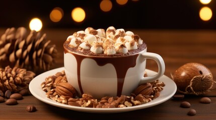 a cup of hot chocolate with marshmallows and nuts