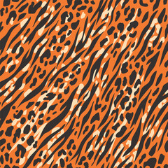 Animal skin seamless pattern. Random abstract shapes, wildcat and zebra skin imitate. Wild nature safari all over surface print for fabric, paper, package. Tiger, cheetah and zebra vector background.