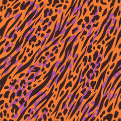 Animal skin seamless pattern. Random abstract shapes, wildcat and zebra skin imitate. Wild nature safari all over surface print for fabric, paper, package. Tiger, cheetah and zebra vector background.