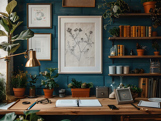 Focused Setting: White Frame Mockup Stands Out in Scientist's Cluttered Desk