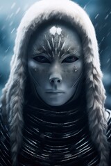a person with a white mask and fur hood
