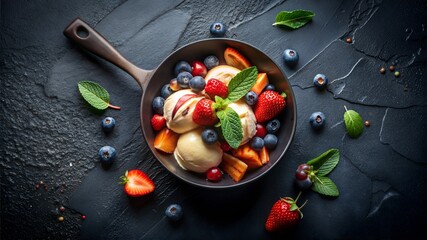 a wooden pan with vanilla ice cream and fruits ( strawberry ,raspberries ,mint leaves and blackberry ) in dark, top view.
