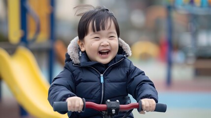 Fototapeta na wymiar Carefree Asian Child Laughing Joyously on Balance Bike in Playground