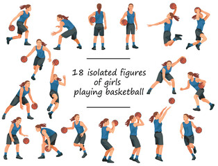 Team of girls playing women's basketball in blue jersey standing, running, jumping, throwing, shooting, passing the ball