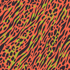 Animal skin seamless pattern. Random abstract shapes, wildcat and zebra skin imitate. Wild nature safari all over surface print for fabric, paper, package. Tiger, cheetah and zebra vector background.