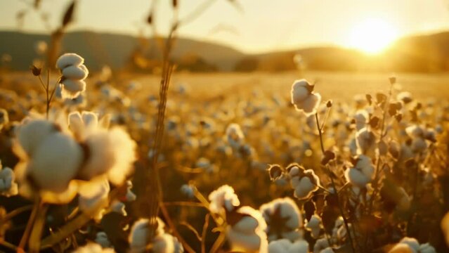 Closeup of a cotton field with workers tending to the crops using sustainable and ecofriendly farming practices in line with Fair Trade standards. .