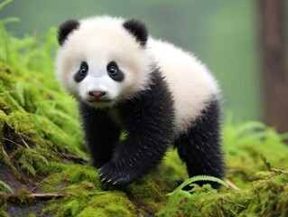 a panda bear walking on moss